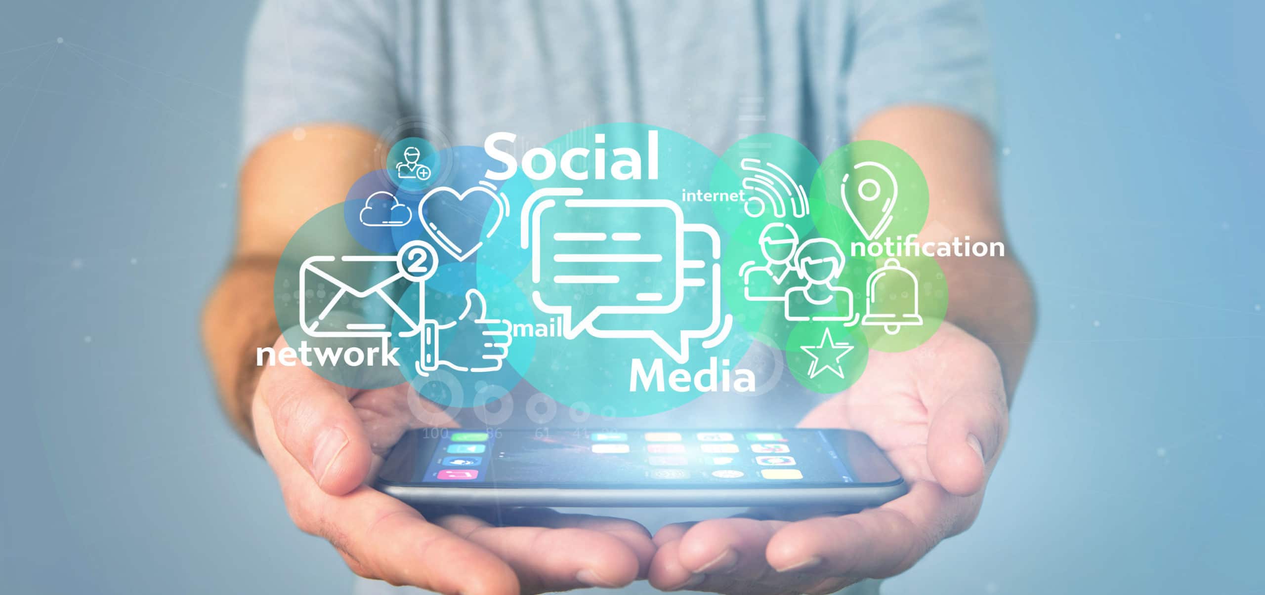 Businessman holding a cloud of social media network icon