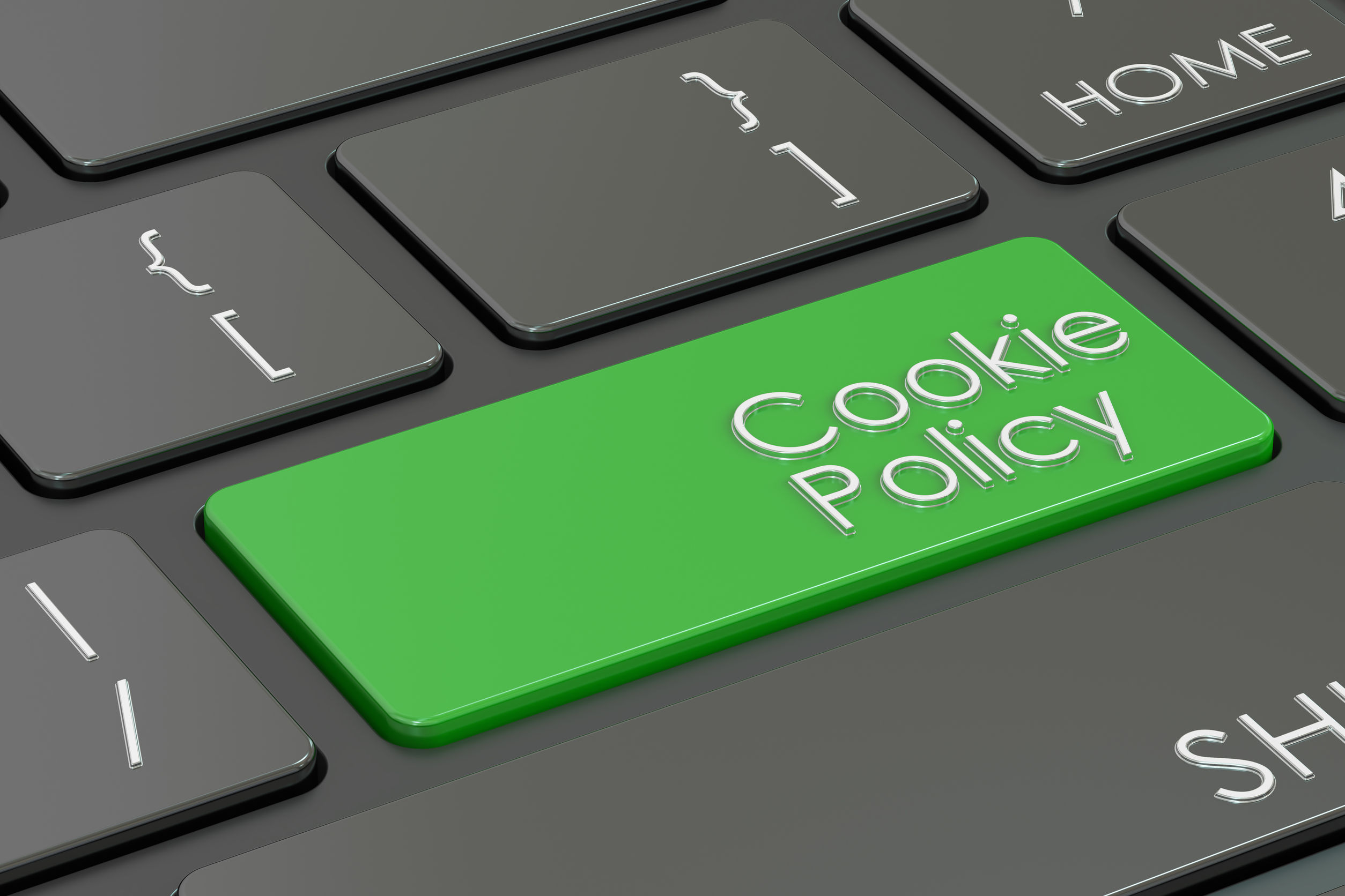 cookie policy button, green hot key on keyboard. 3d rendering