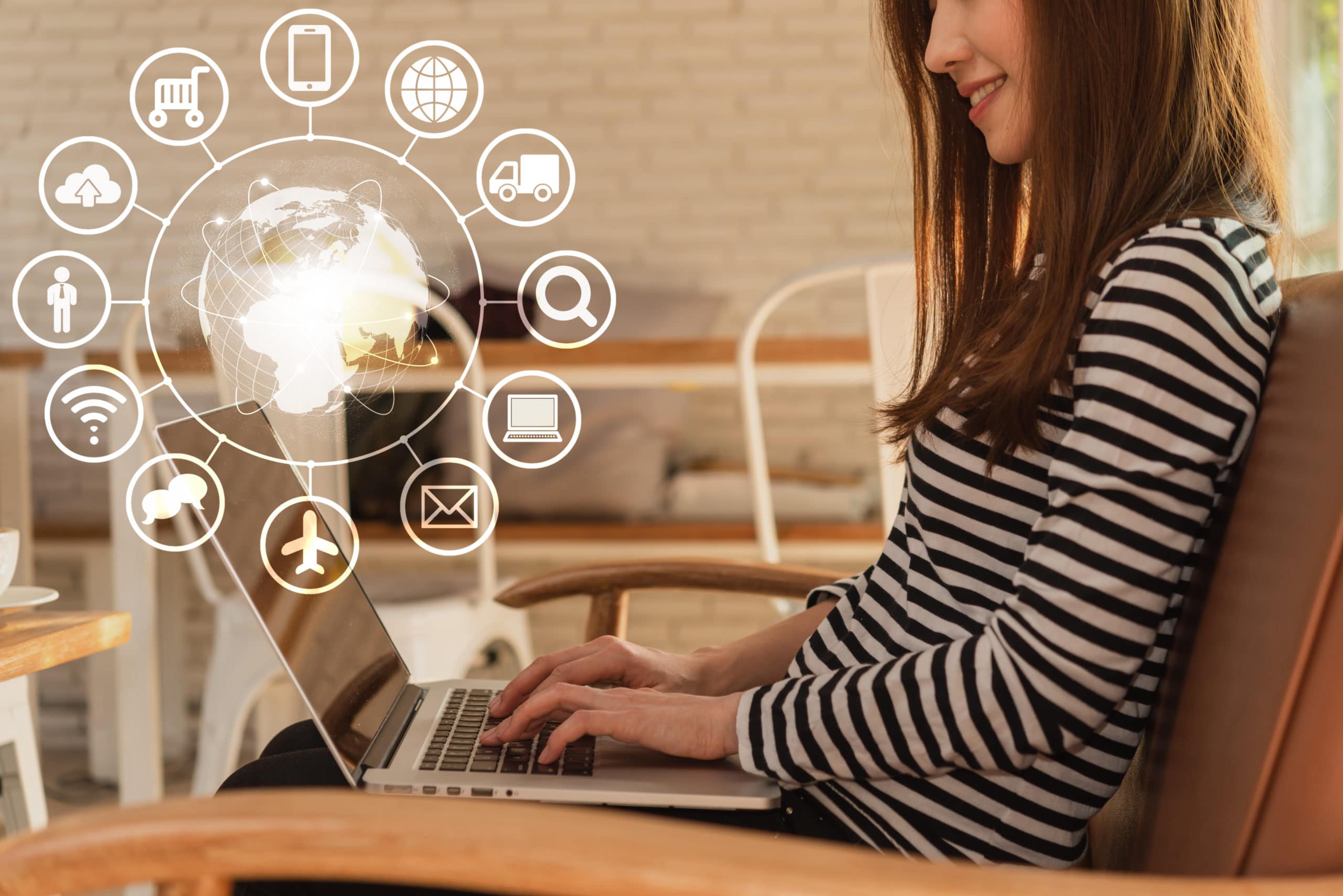 Beautiful young teenage woman freelance work with laptop at coff
