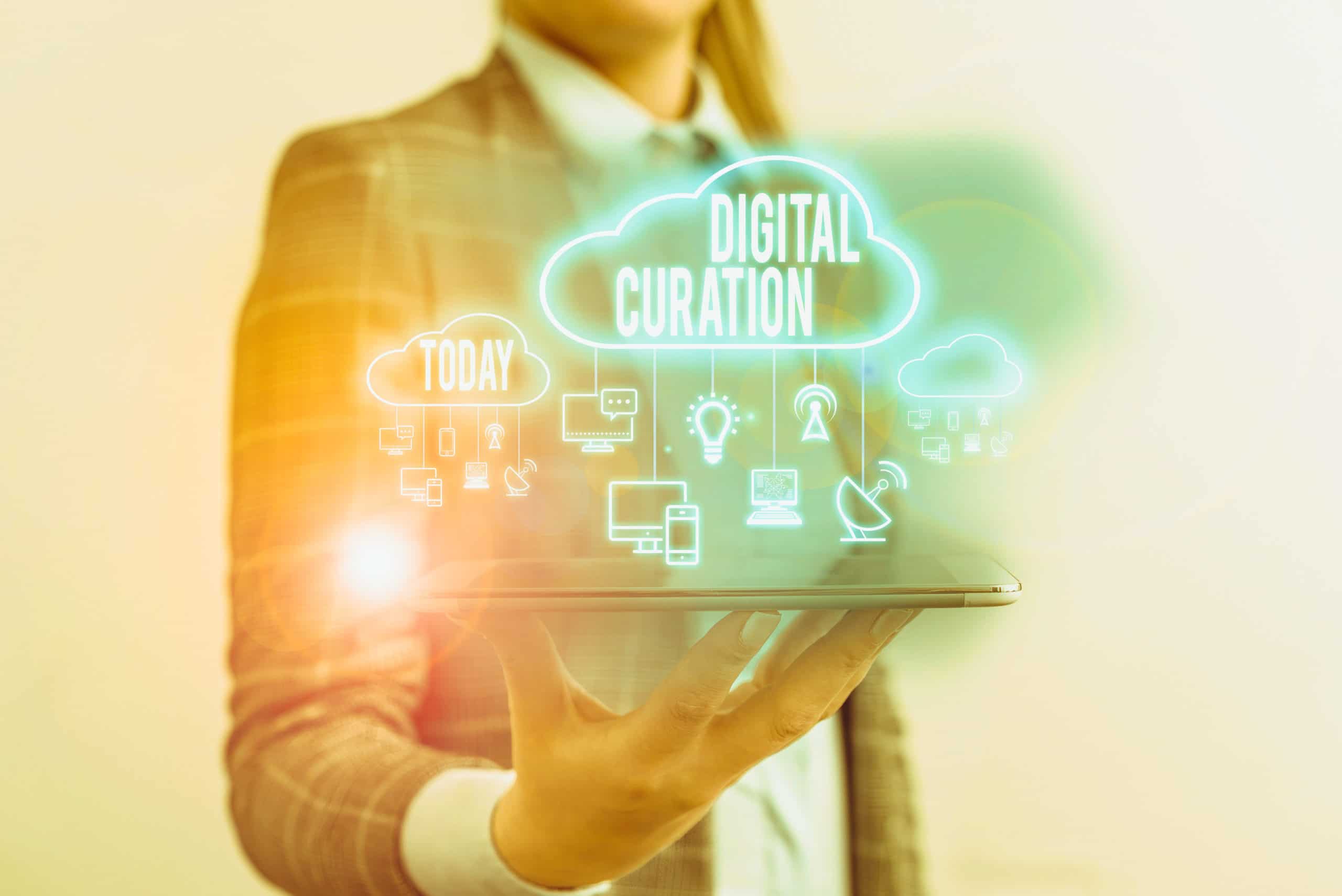 Conceptual hand writing showing Digital Curation. Business photo showcasing maintenance collection and archiving of digital assets.
