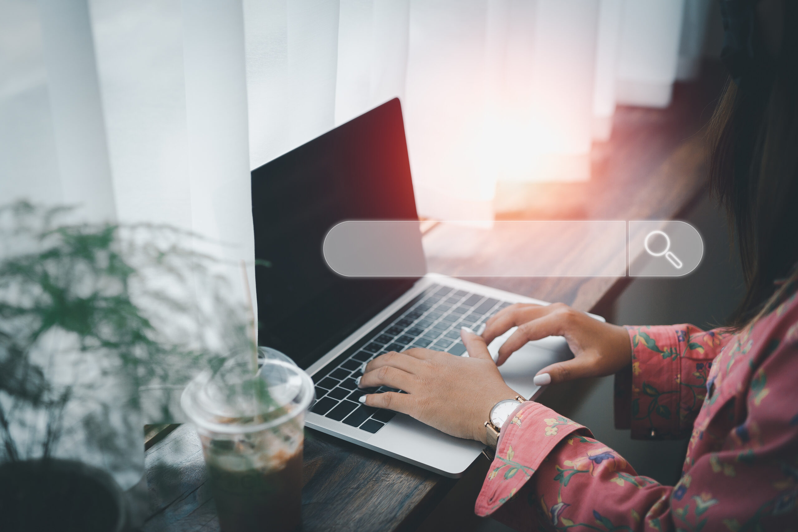 woman searching browsing internet data information with blank search bar. Search engine optimization SEO