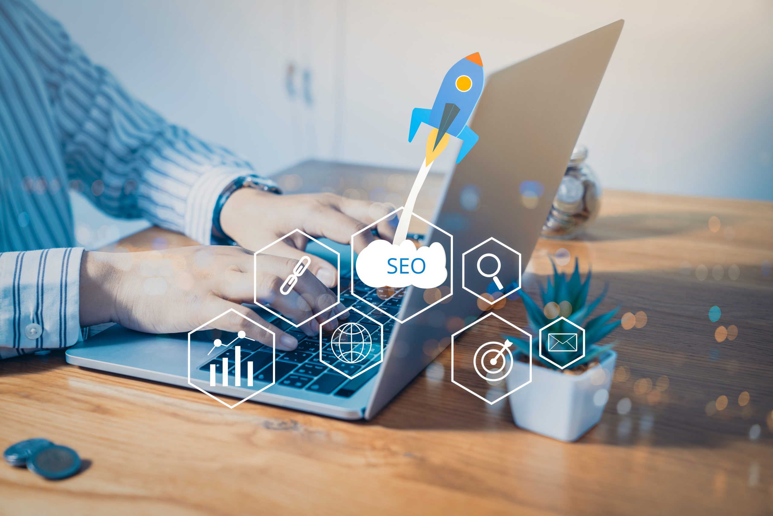 SEO Search Engine Optimization concept with laptop computer. ranking traffic on website, internet technology for business company
