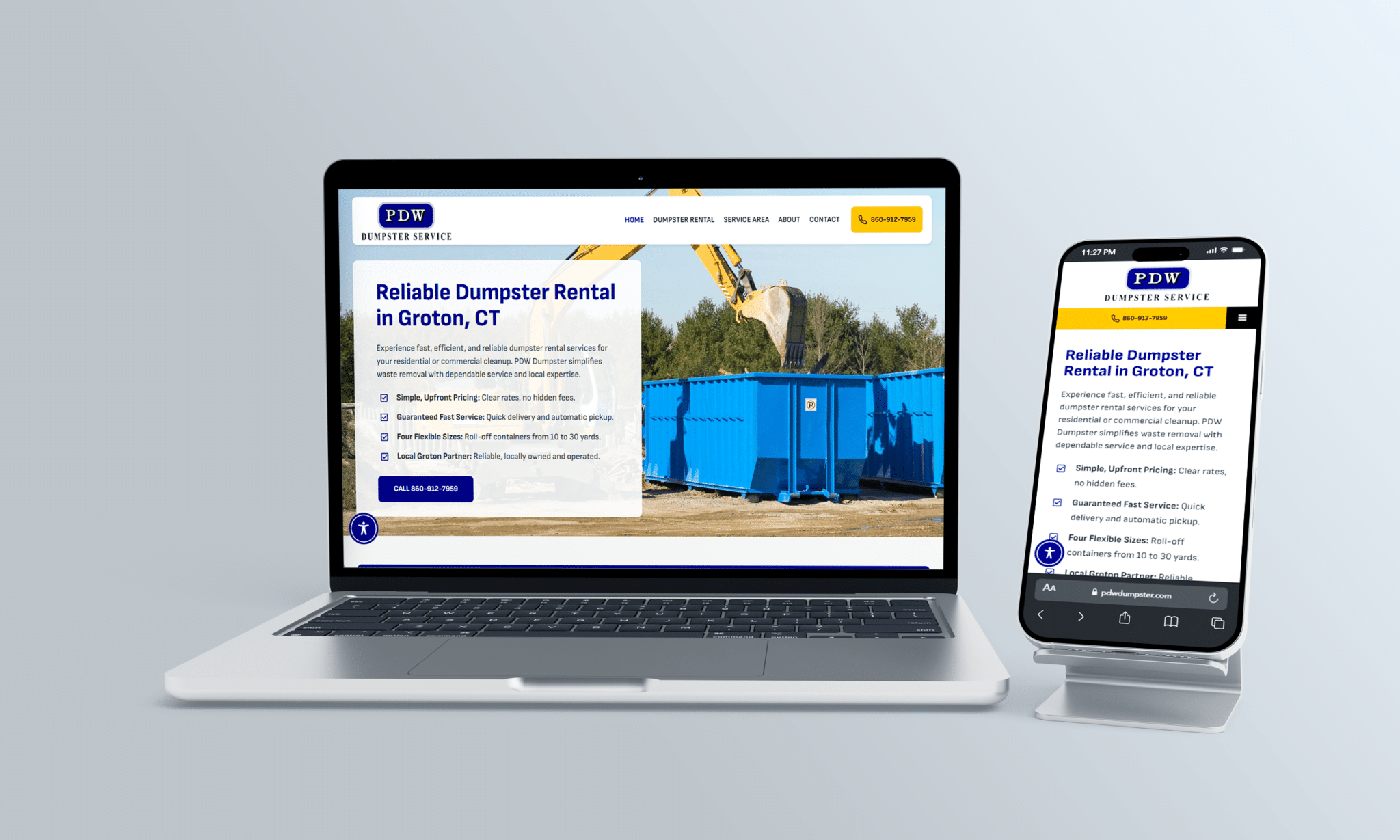 stratedia seo services for pdw dumpster in mystic connecticut focusing on local seo website design and digital marketing for dumpster rental and waste management services